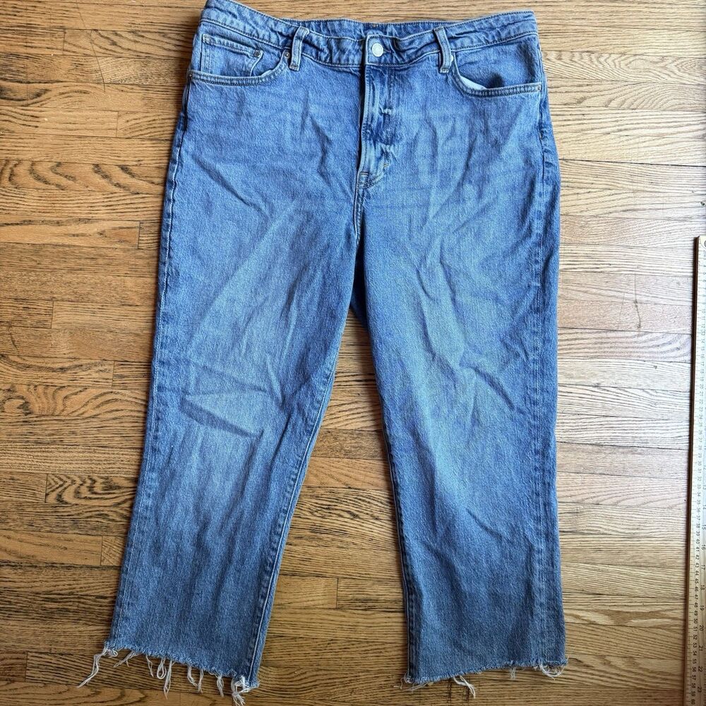 H&M &Denim Mom Jeans Ultra High Waist Cropped Women’s Size 14 Blue VTG Raw Hem